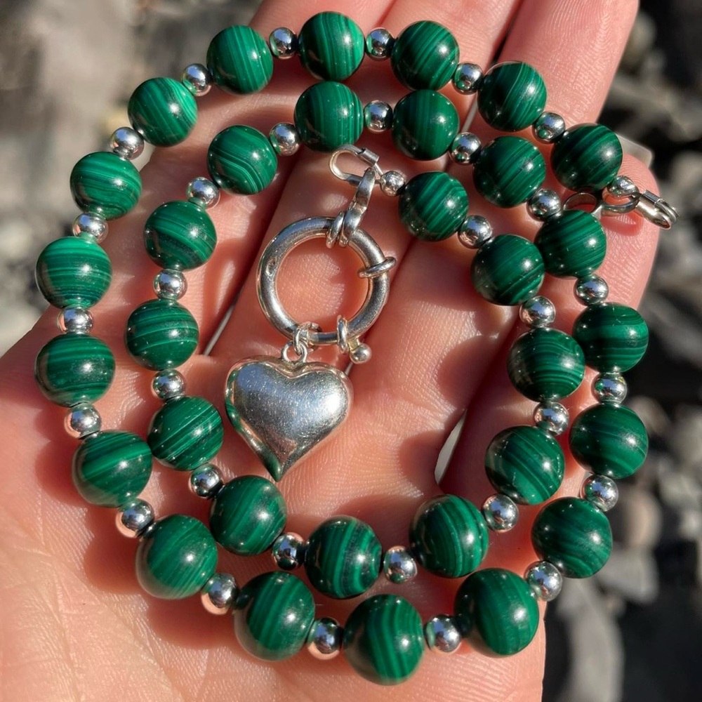 Malachite 925 Sterling Silver Beaded Necklace